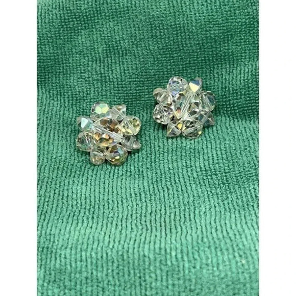 Vintage Clear Acrylic Faceted Beaded Choker Necklace 17" Clip On Earrings German - Picture 7 of 13